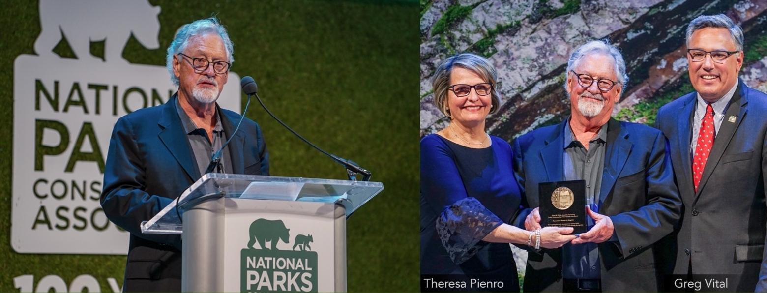 Mangelsen receiving the Robin Winks Award in 2019 from Theresa Pierno, president of the National Parks Conservation Association. 