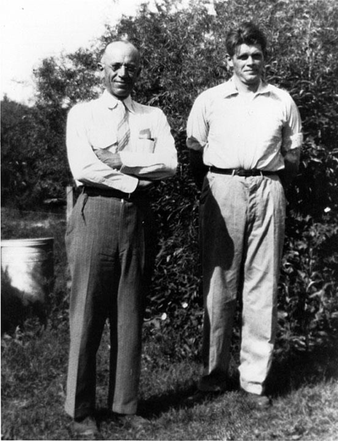 Aldo Leopold, left, and H. Albert Hochbaum. Hochbaum (1911-1988) was one of several Leopold students who went on to distinguish themselves in different realms of ecology, setting the stage, in fact, for the rise of modern conservation biology.  They included Leopold's own children.  Hochbaum, a field researcher and artist, is noted for his insights about waterfowl, his work being used in campaigns to save wetlands from being drained and converted to crops or development.  Photo courtesy Aldo Leopold Foundation, (www.aldoleopold.org)