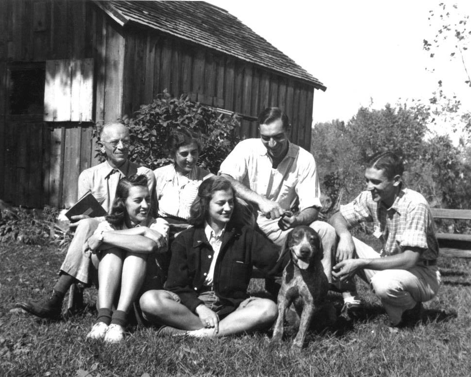 The Leopold clan at their &quot;shack&quot; in Wisconsin. Many of the ideas for A Sand County Almanac, drawing, too, from Leopold's tenure with the U.S. Forest Service in the West, were galvanized here.  Back row, left to right: Aldo Leopold, wife Estella and sons and Luna and Starker. In from, daughters Nina and Estella with family dog, Gus.  Photo courtesy Aldo Leopold Foundation, (www.aldoleopold.org)