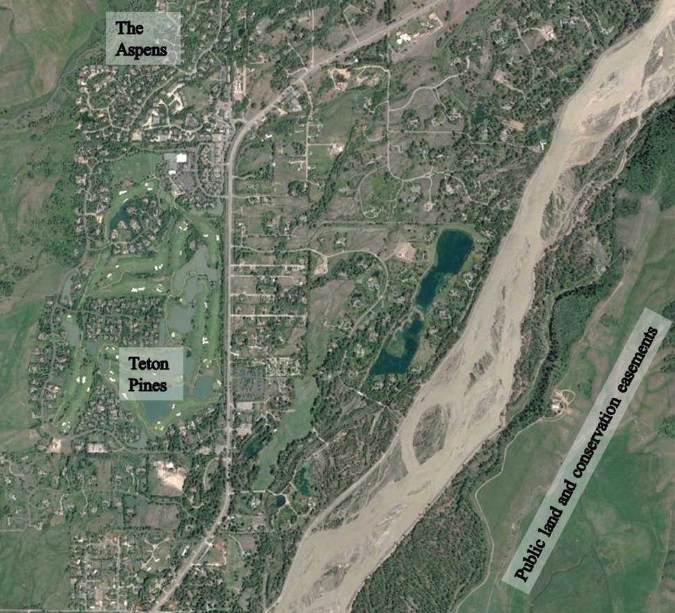 A flood of people ever increasingly is taking over riparian areas along the Snake River in Jackson Hole—riparian areas being among the richest habitats for wildlife that is also being pushed out of other areas and, ever increasingly, getting killed along highways. A section of the Snake River in 1977, top, and the same section in 2017. Images are are screen shots from the Teton County's GIS service, provided courtesy Susan Marsh