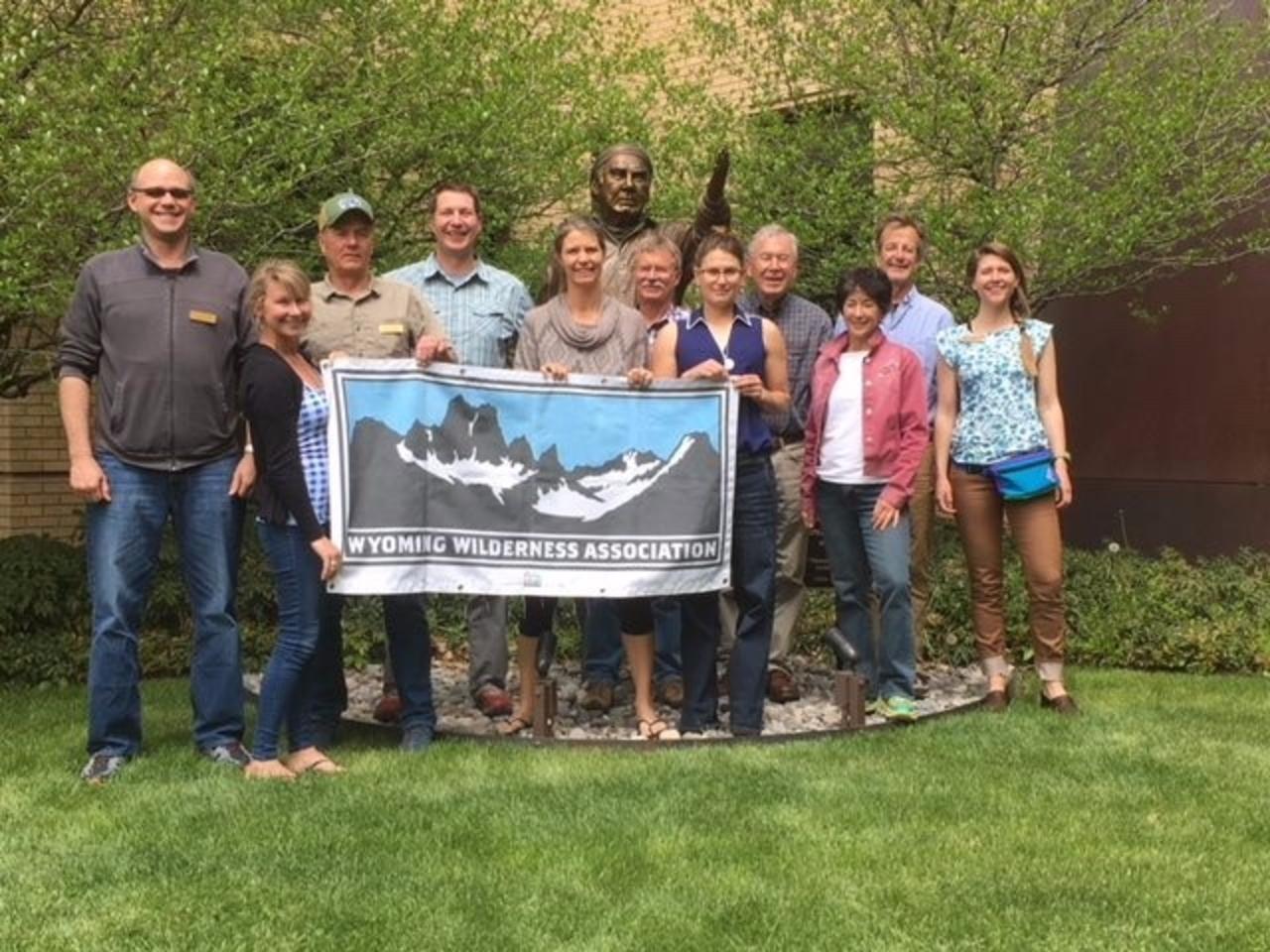 Wyoming Wilderness Association staff and governing council at a recent meeting in Lander. Bronze statue of the late Paul Petzolt, founder of the National Outdoor Leadership School and mentor to generations of conservationists, rising in the back.  Enjoy the brief video below about Wyoming's Red Desert. It will take your breath away.