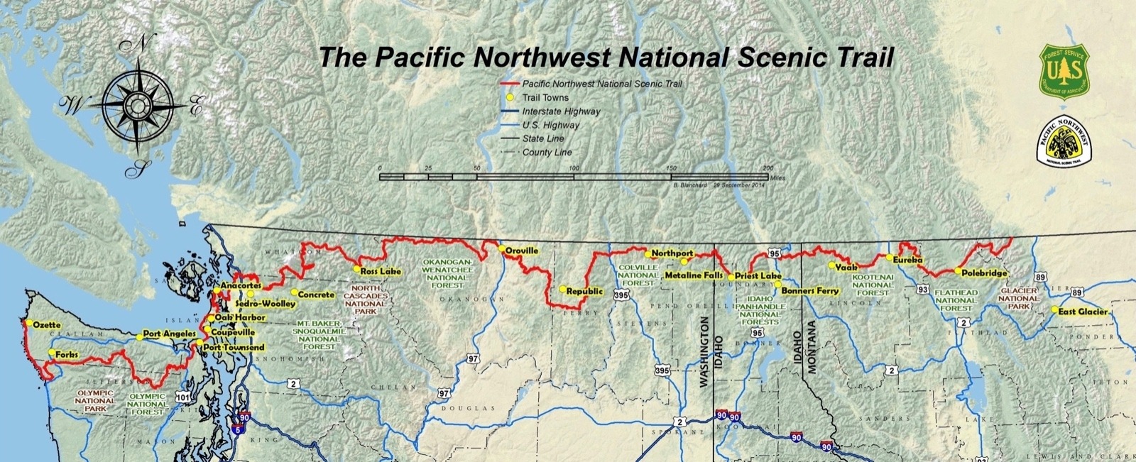 Proposed route of the Pacific Northwest Trail running from Glacier National Park to the Pacific Coast. Graphic courtesy US Forest Service