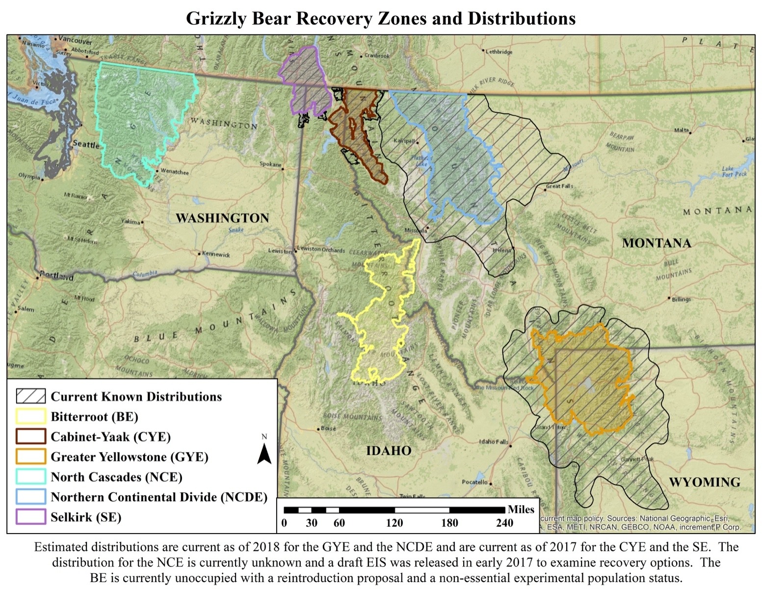 The federal government's map identifying the five different ecosystems holding grizzly bears in the Lower 48; all of which are "biological islands" unconnected to one another.  The one in brown at the top is the Cabinet-Yaak Ecosystem and the one in yellow, below it, is the Selway-Bitterroot Ecosystem of northern Idaho and western Montana. There is no grizzly population there today but it's been identified as grizzly-friendly wild lands and a key place which could help connect bear in the Greater Yellowstone Ecosystem, to the south, with bear populations to the north. Map courtesy US Fish and Wildlife Service.