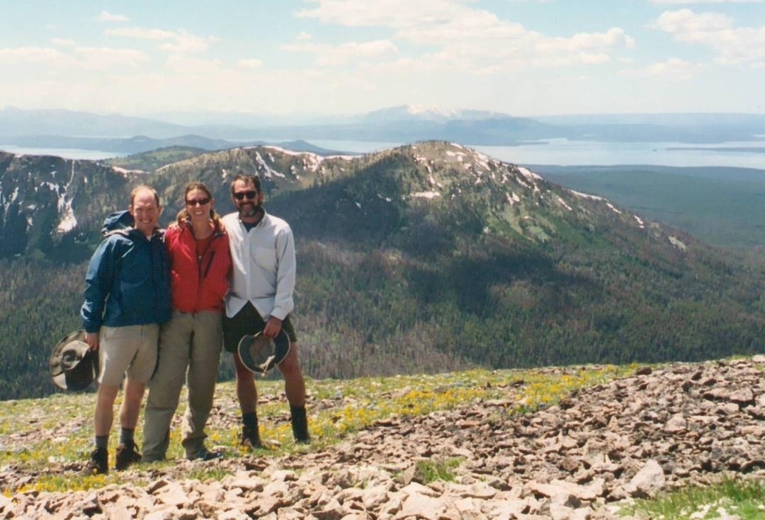 Atop Avalanche Peak with Yellowstone Lake in the distant background, the author joins Brian  and Jill Yochim on a hike.  Photo courtesy Brian and Jill Yochim.