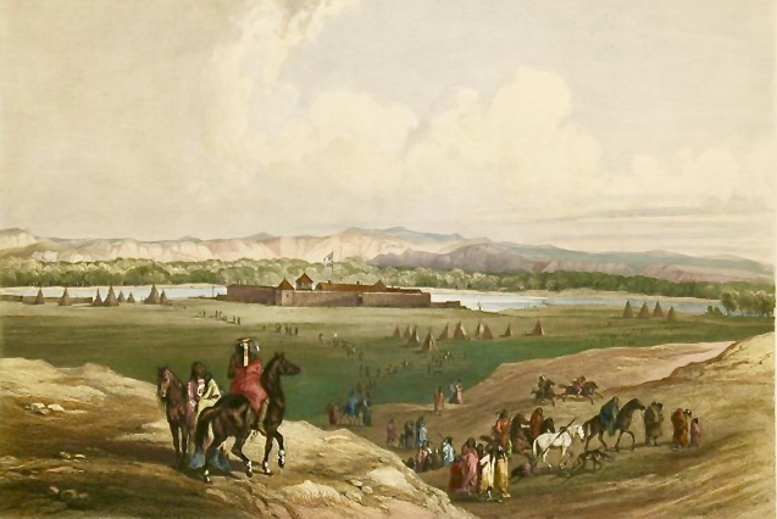 Painter Karl Bodmer made this portrayal of Fort Union along the Upper Missouri, based upon sketches, after he and his patron, Prince Maximilian of Weid, traveled upriver in 1833. The work is considered an accurate depiction of the fort which functioned as a meeting place between fur trappers and traders, indigenous people and, later, a place where Cavalry soldiers were garrisoned. Image courtesy National Park Service.