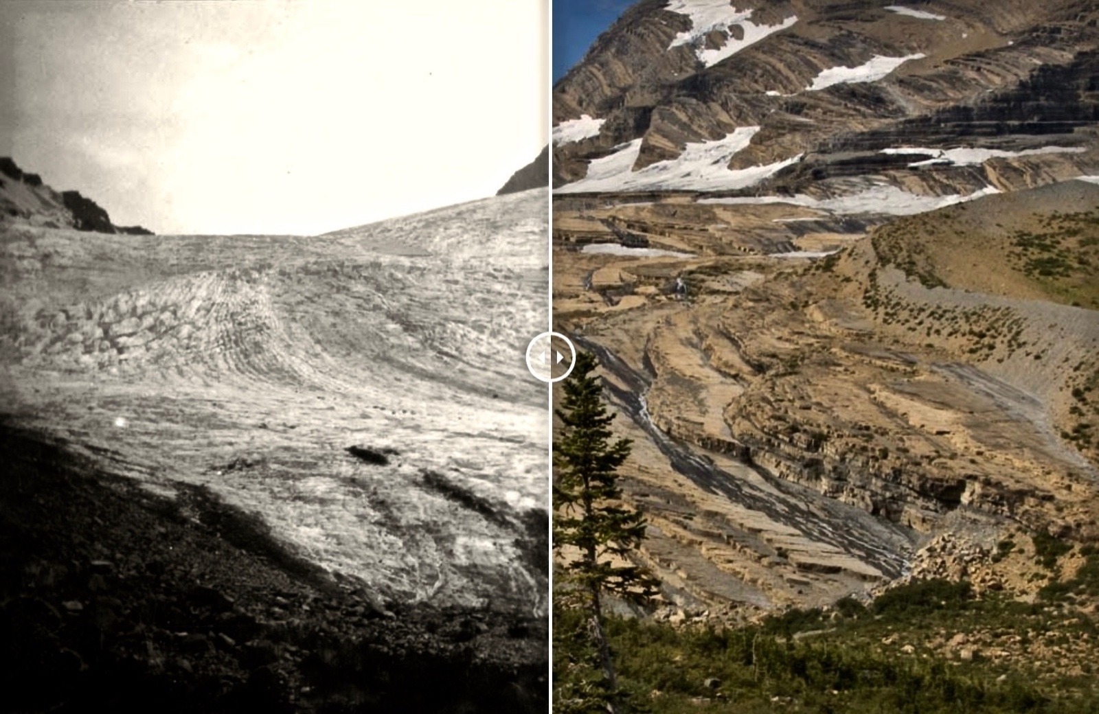 While these photos did not appear in the production of Standby Snow, reality does set a backdrop. Above: two of the most venerable landmarks in Glacier National Park—Grinnell Glacier and Jackson Glacier.  The top photo show the extent of Grinnell in 1910 and where it was after years of melting in 2017.  Photo of Grinnell in 1910 taken by Morton Elrod; photo in 2017 courtesy Lisa McKeon/USGS. Photo of Jackson Glacier taken by Elrod in 1911 and by McKeon in 2009