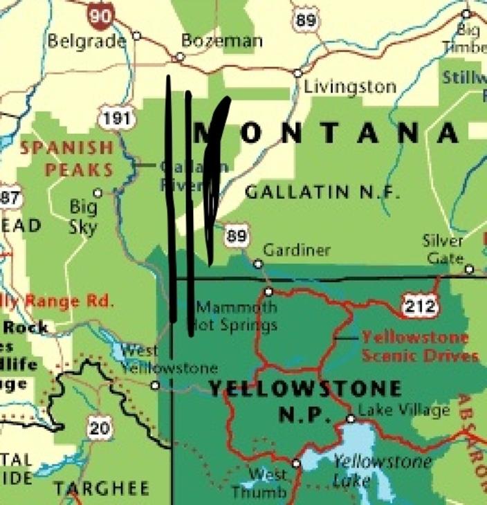 The three parallel black lines roughly show where the Gallatin Mountains are located. 