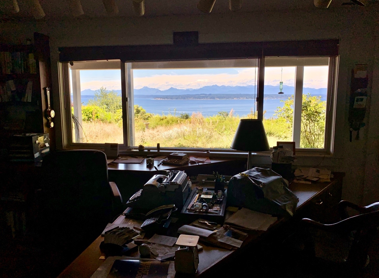 Doig's writing space as it appeared in early August 2019 four years after his passing. Not much has changed. The views of Puget Sound and the Olympic Mountains outside his window remain as inspiring as ever.  Photo by Todd Wilkinson