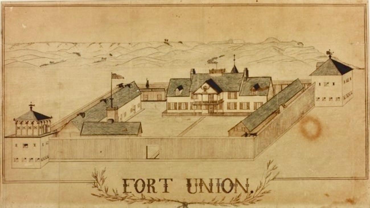 A crude drawing of Fort Union made by Benjamin Franklin Griffith, a soldier garrisoned at the fort in 1865.  The original outline of the fort began as a fur trading post near the confluence of the Missouri and Yellowstone rivers and was built in 1828. 
