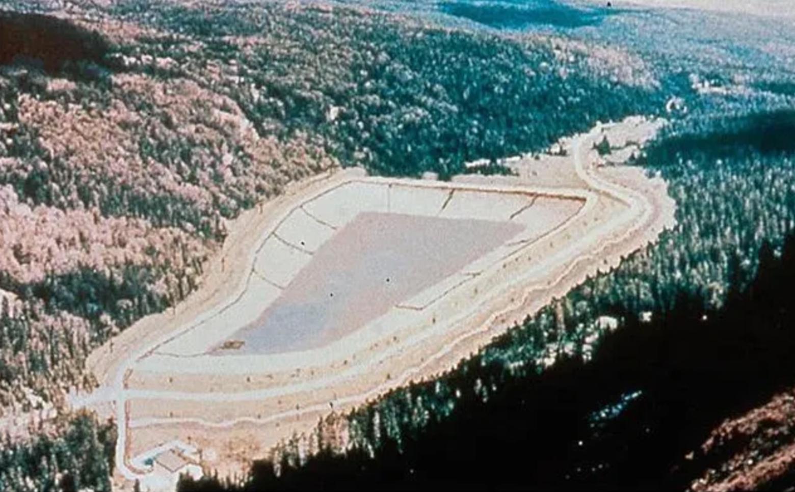 A mining company's illustration of the proposed massive New World tailings pond, more than a football field deep, that would have been built near the northeastern border of Yellowstone and the Absaroka-Beartooth Wilderness. The mining and waste facilities were cited in a drainage that flows into the Yellowstone River system. The fight to stop it became one of the highest-profile environmental protection battles in US history. 