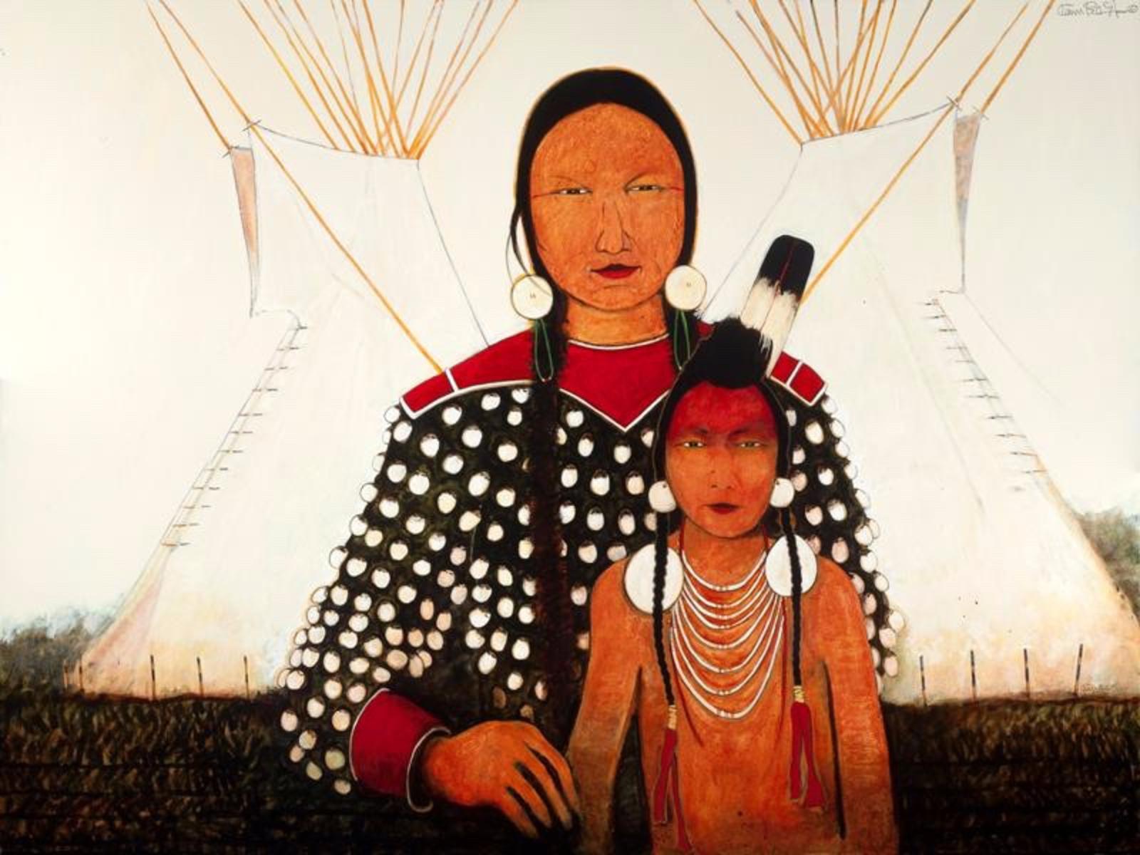Crow Indian Mother and Son, acrylic on canvas, by Kevin Red Star