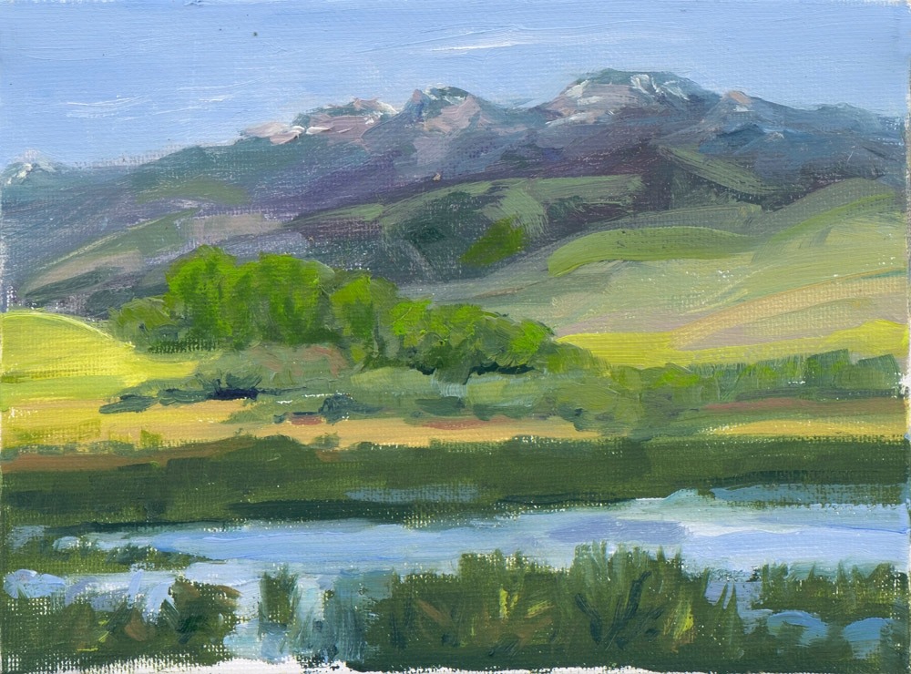 Remembering the day she painted this scene in Paradise Valley, Montana, Rusmore writes, "From the shore of Dailey Lake looking up to the top of Paradise Valley into Tom Miner Basin. Ramshorn Peak, and the boundary ridge of Yellowstone National Park  A gorgeous windy spring day serendaed by red-wing blackbirds and entertained by resting waterfowl."