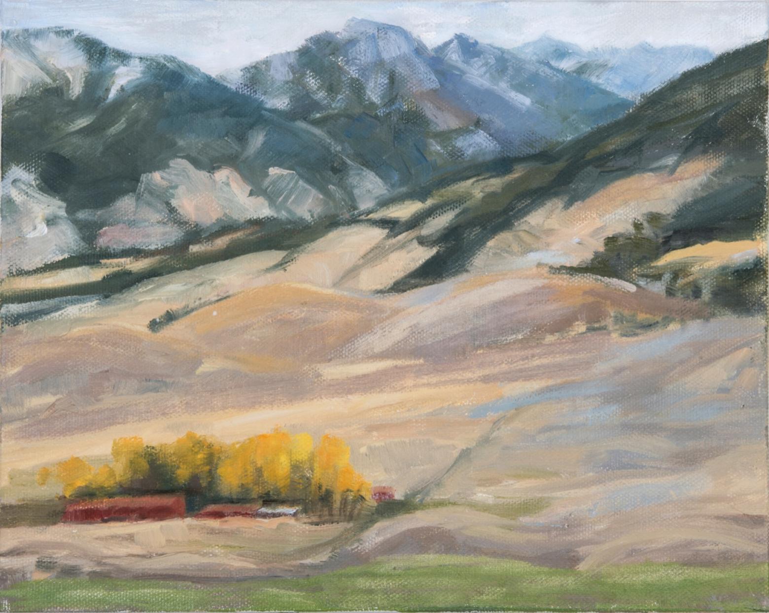 "Red Barns," a scene looking east in Montana's Paradise Valley between the Absaroka and Gallatin mountains and along the Yellowstone River.
