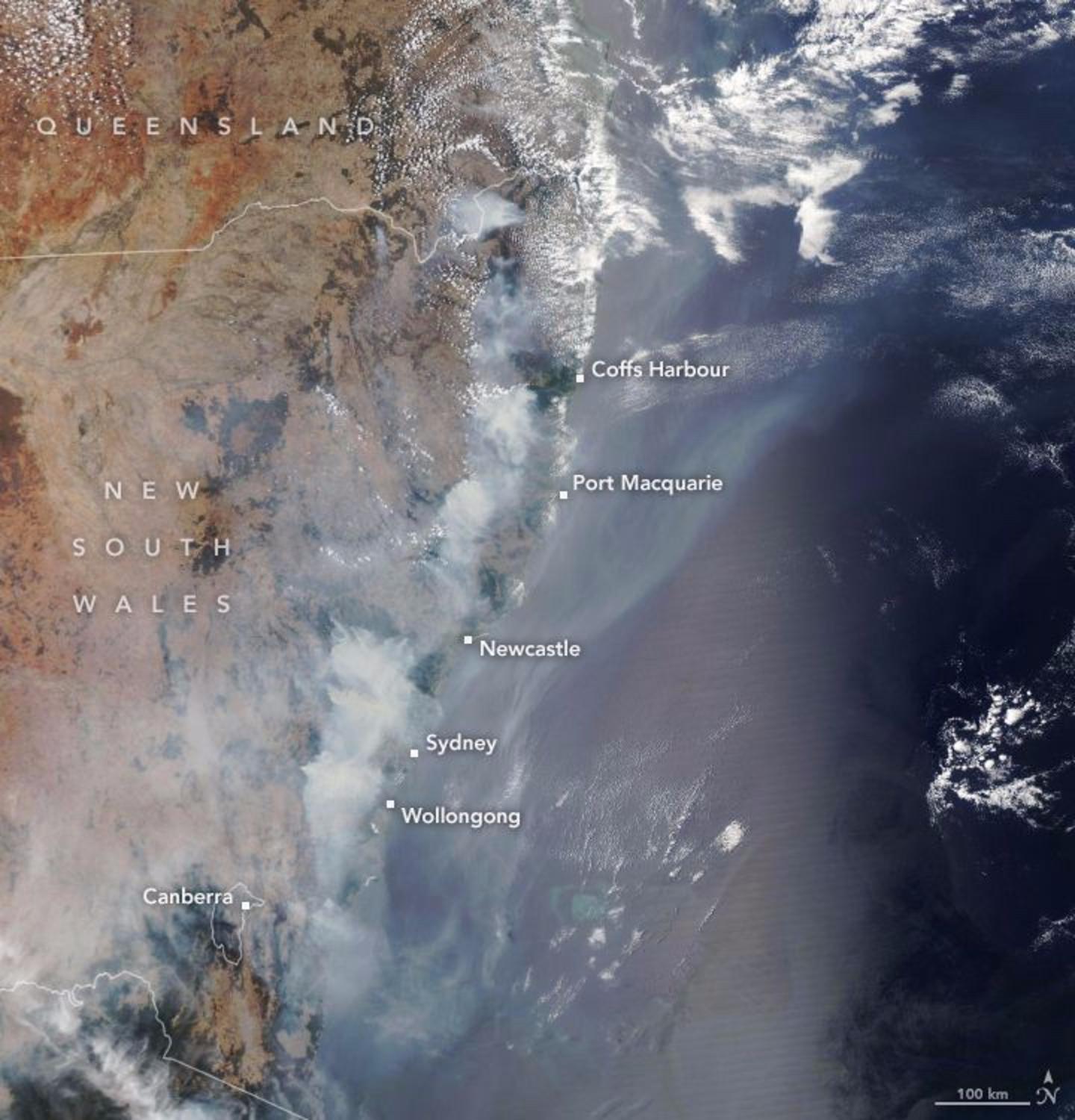 Smoke snows where the fires are burning. Satellite photo courtesy NASA