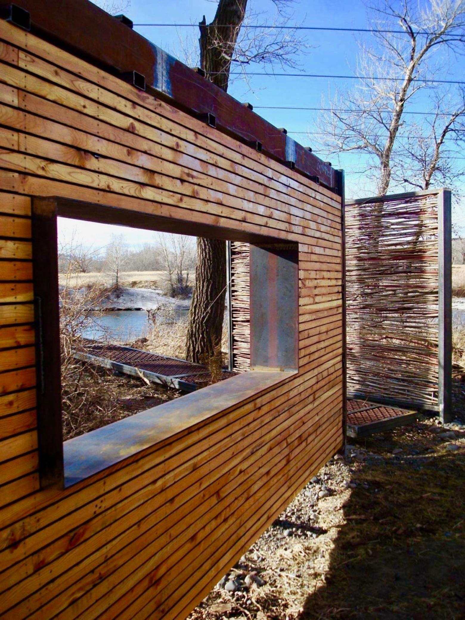 When the city of Livingston officials asked Remote Studio students to design something for the new municipal park along the Yellowstone River, they asked not for a ballpark or another active park feature but instead a place for the community to go to reflect. The structures along the quiet path function like windows into nature. Photo courtesy Remote Studio