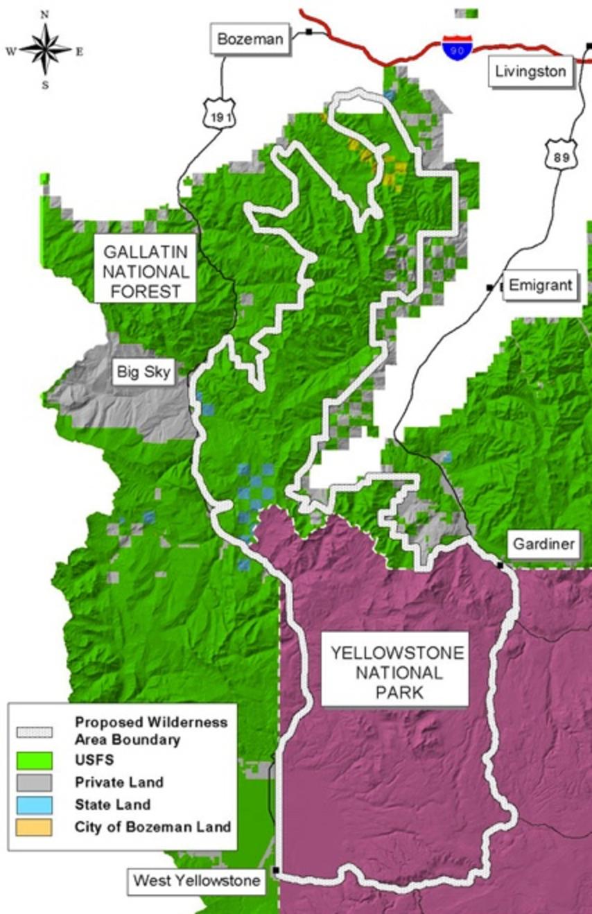 White line north of Yellowstone, outside park boundary, illustrates, generally speaking, how much land is potentially available for Wilderness designation in the Gallatin Mountains. 