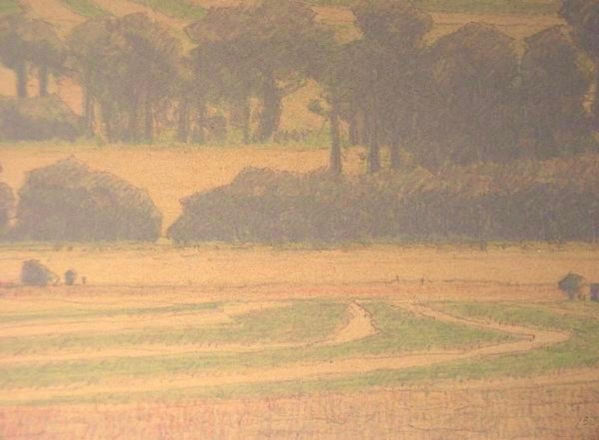"Hayfields," a lithograph by the late Russell Chatham. Rowland's book is set in Montana's Paradise Valley which serves as a surrogate for a drama inspired by his own childhood in the Big Horn River Valley.  