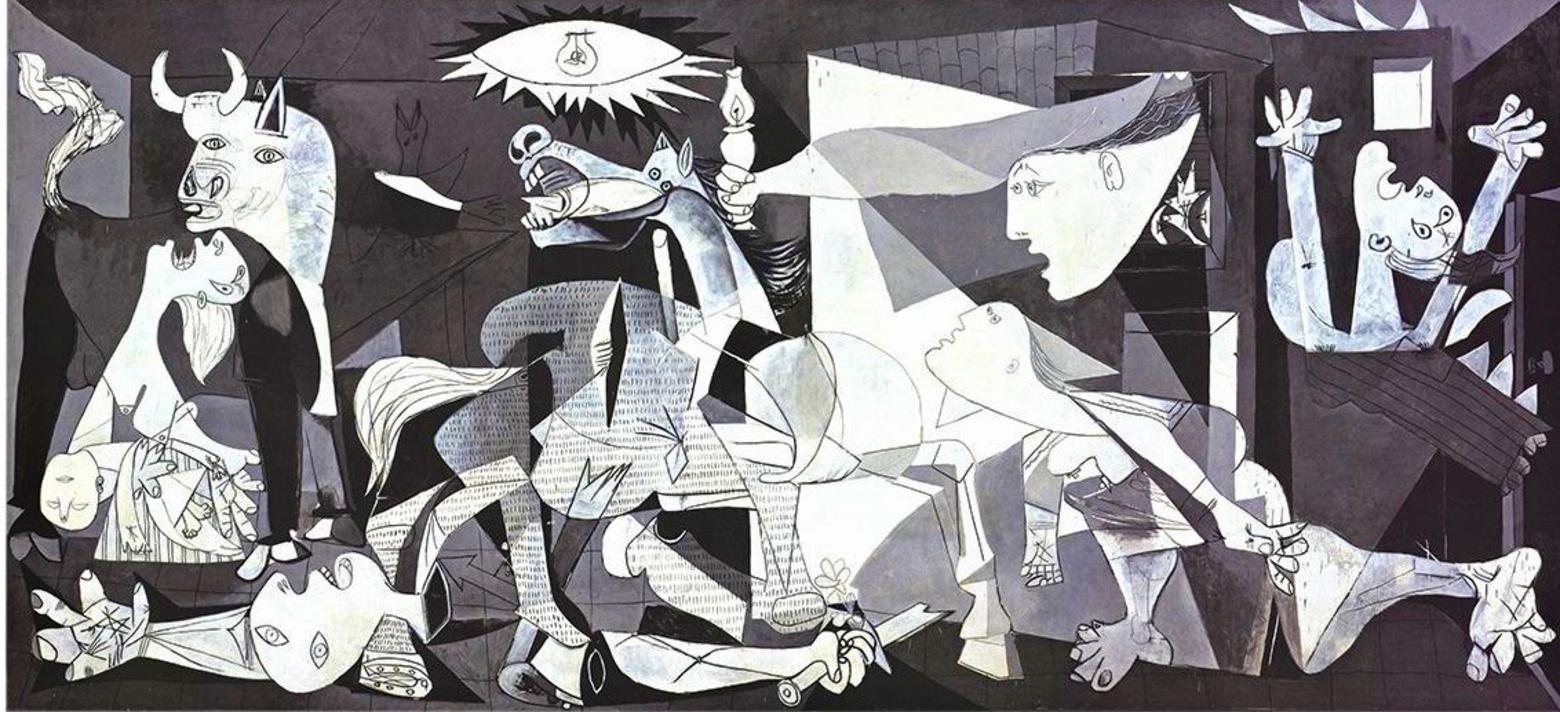 Guernica, Pablo Picasso's 1937 masterpiece, named after a small village in Spain that was bombed by the Germans at the request of Spanish Nationalists to quell resistance by local people to the rise of Fascism.  