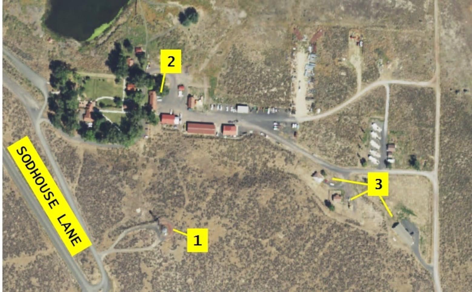 Satellite image of Malheur National Wildlife Refuge in Oregon, site of an armed standoff of militants in 2016 led by Ammon Bundy and others. Figure 1 show the fire lookout used as a watchtower by those involved with the takeover. Figure two shows the refuges offices used as a headquarters by Bundy and others. Figure three shows the residential buildings used by militants as a barracks and canteen.