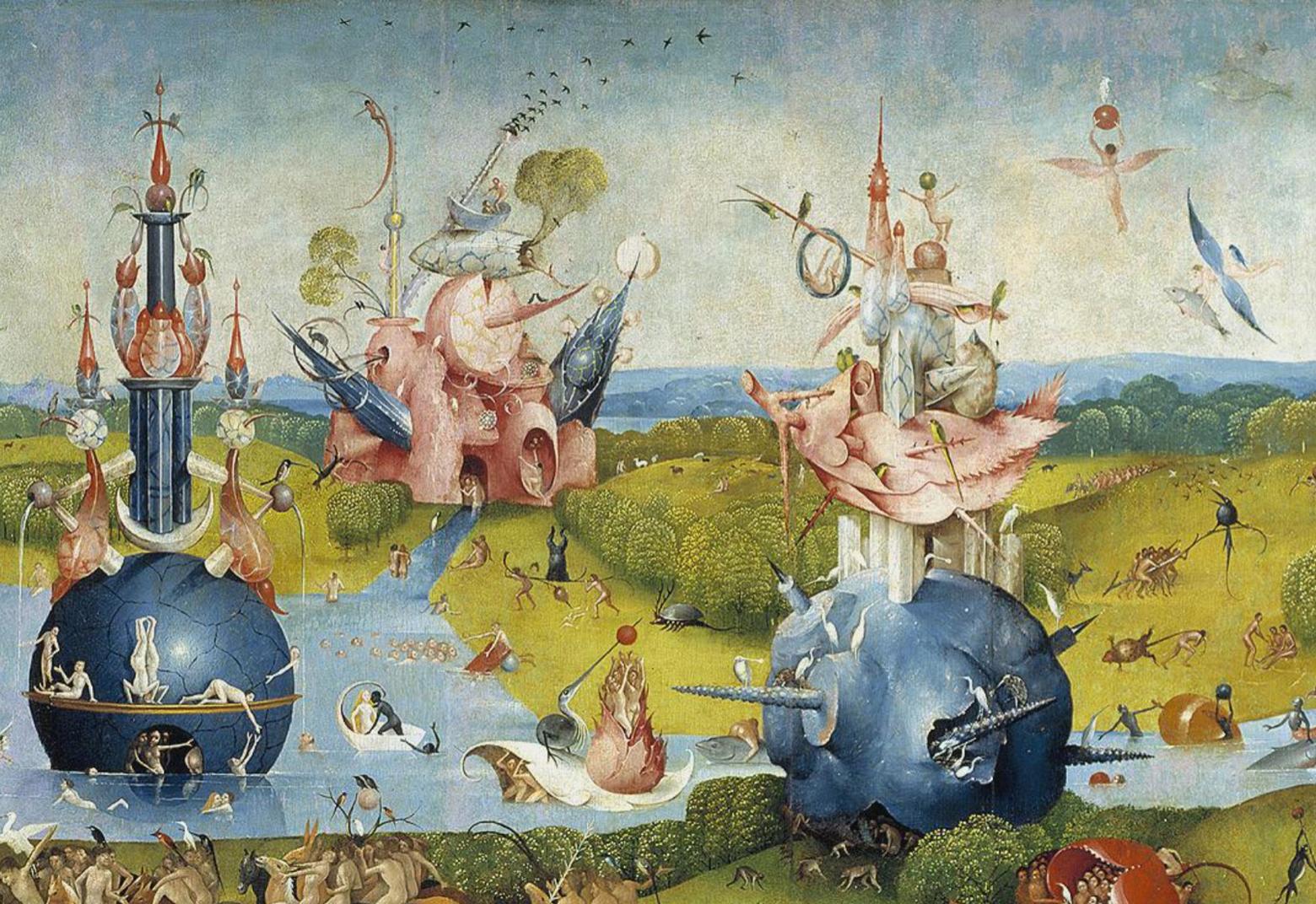 Detail of Hieronymus Bosch's masterwork 'Garden of Earthly Delights,' part of the Museo del Prado collection in Madrid, Spain. It was completed between 1490 and 1510.