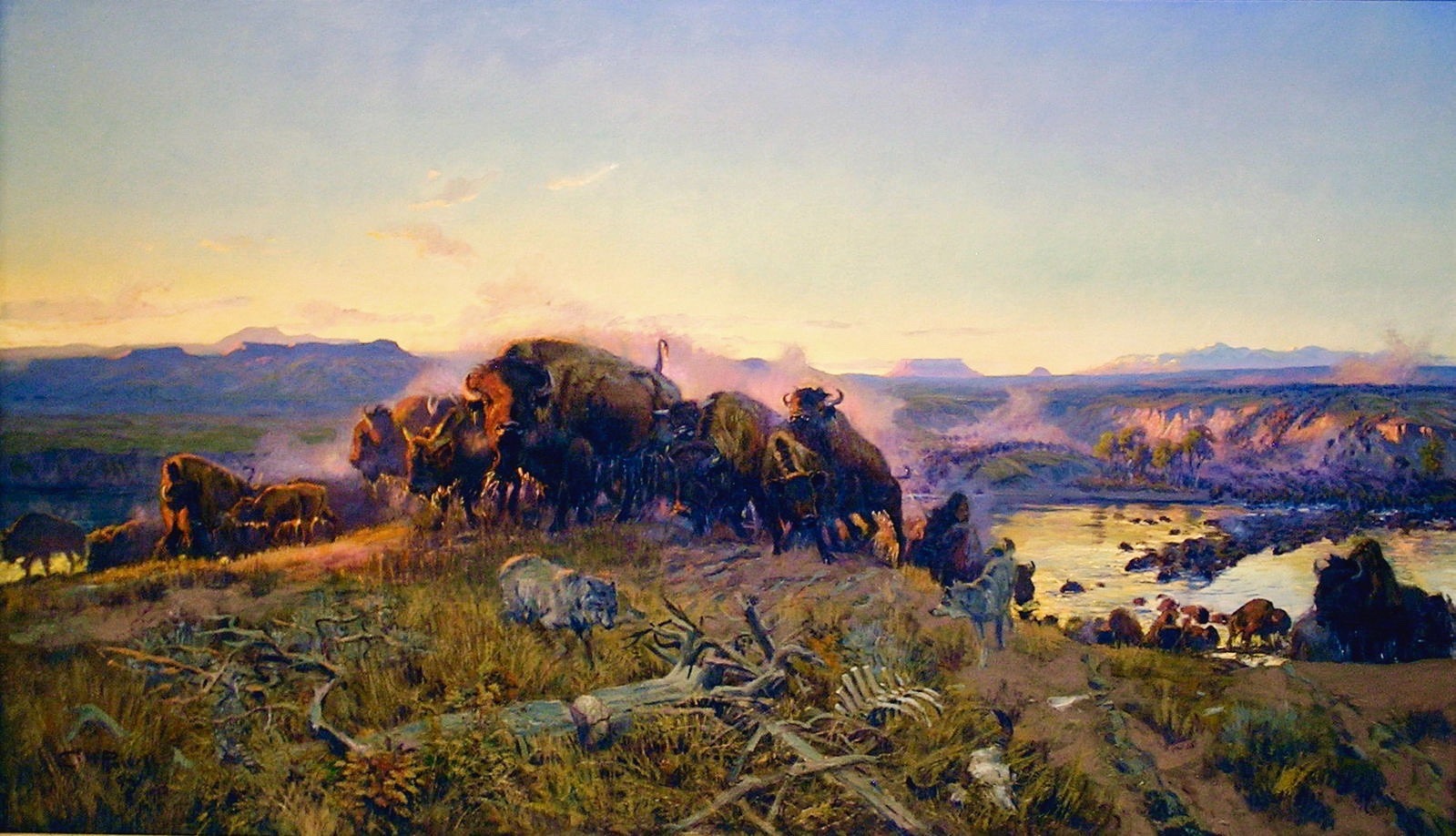 "When the Land Belonged To God," a painting by Charles M. Russell of bison crossing the Upper Missouri River near the place where Bailey and a growing number of bison advocates want to restore the native animals and establish a public herd.  The painting is part of the MacKay Collection at the Montana Historical Society. For years a replica of the work hung in the Montana Senate chamber as a reminder of the state's once most prolific  large mammal. 