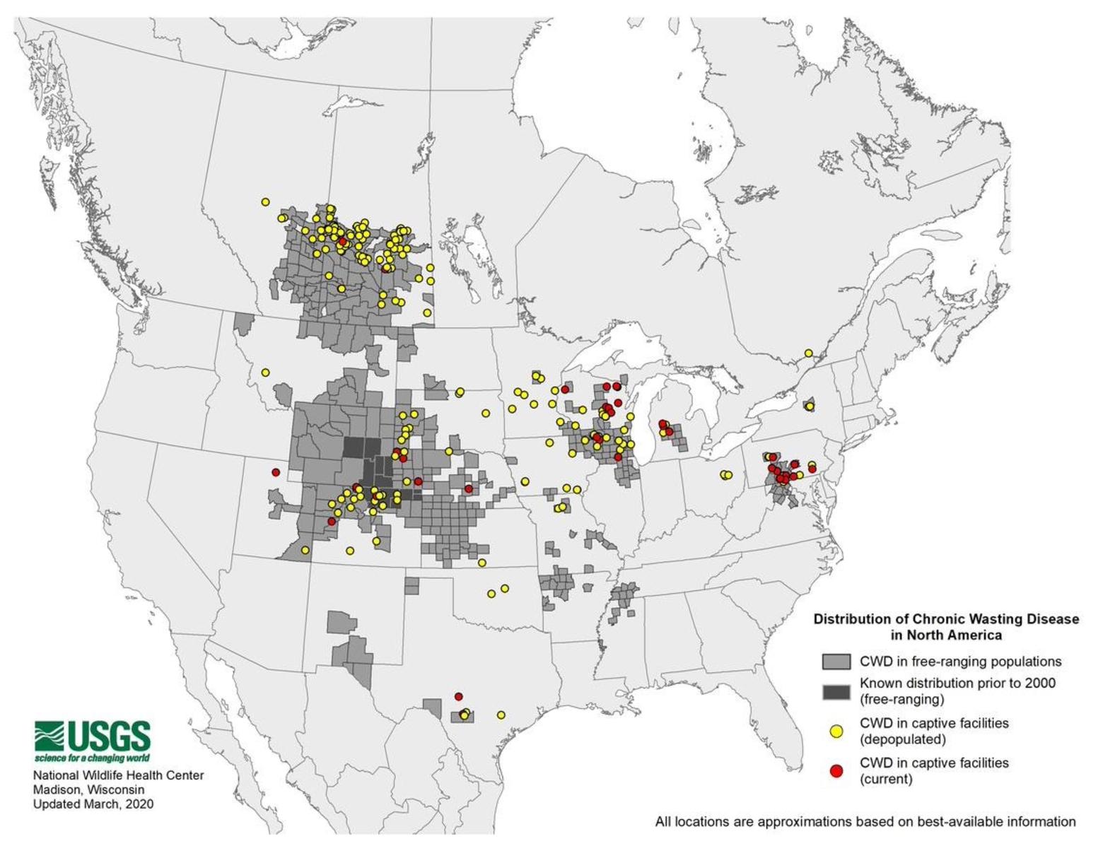 In this map provided by wildlife researchers with the US Geological Survey, the relationship between CWD and captive facilities is evident in the red and yellow dots.