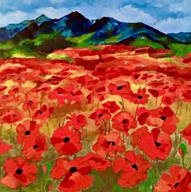 Gallatin Valley was once called "the valley of flowers." In this original acrylic painting, DeOpsomer portrays a field of poppies in front of the Bridger Mountains