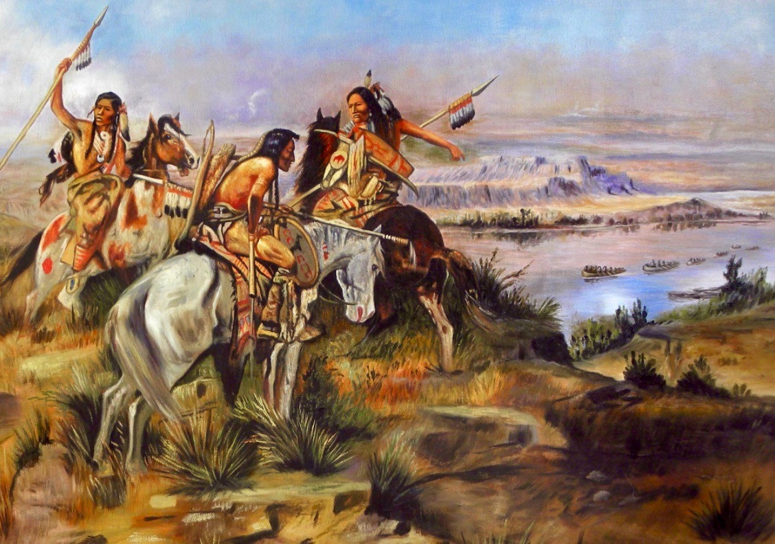 "Indians Discovering Lewis and Clark," a painting by Charles M. Russell created in 1896. Lewis, Clark and their Corps of Discovery encountered many different indigenous tribes during their navigations up and down the Missouri River and to the Pacific Coast and back. Several tribes, if they had wanted, could have lethally halted the expedition but didn't. 