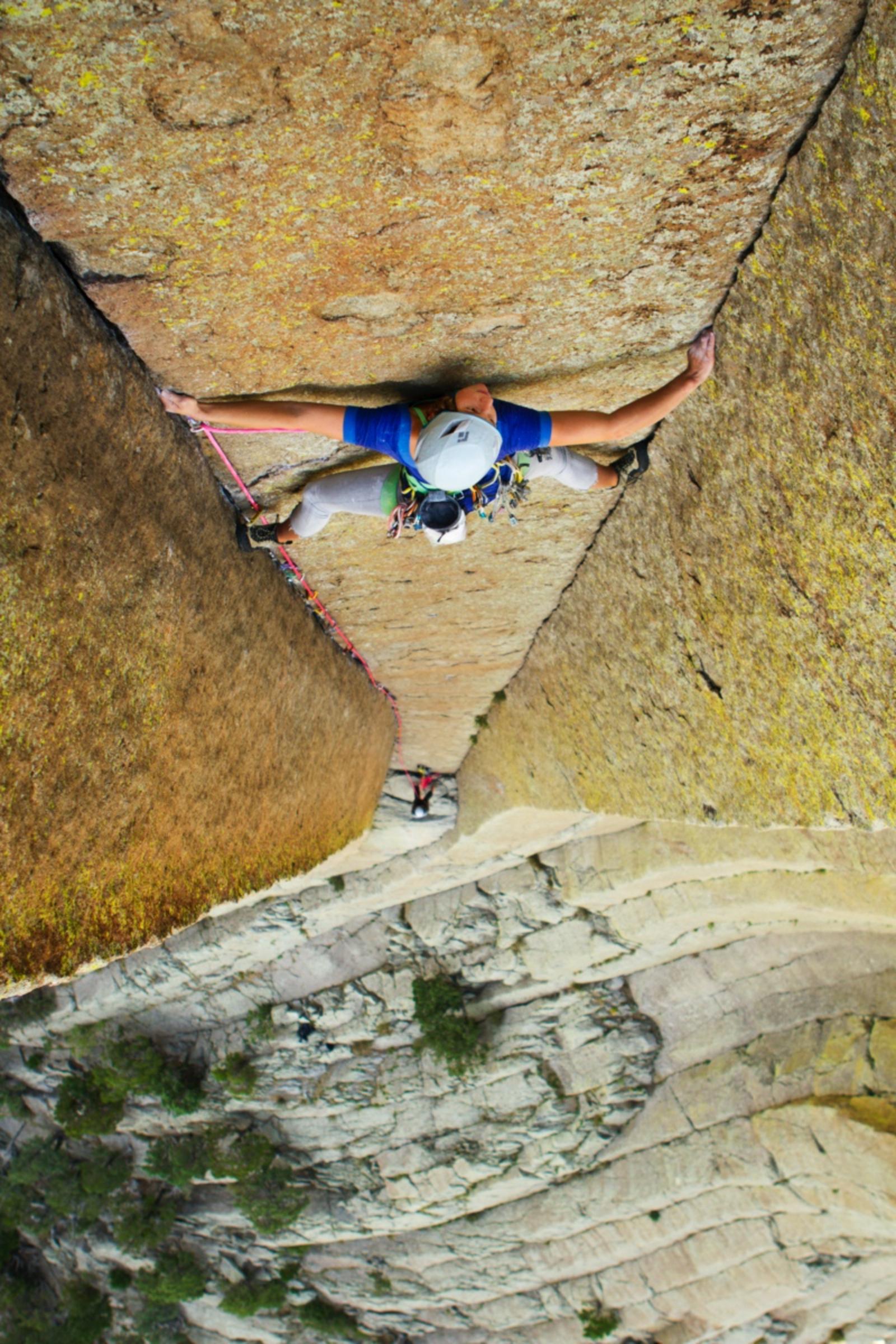 A climber ascends Devils Tower (Bear Lodge) Photo courtesy National Park Service