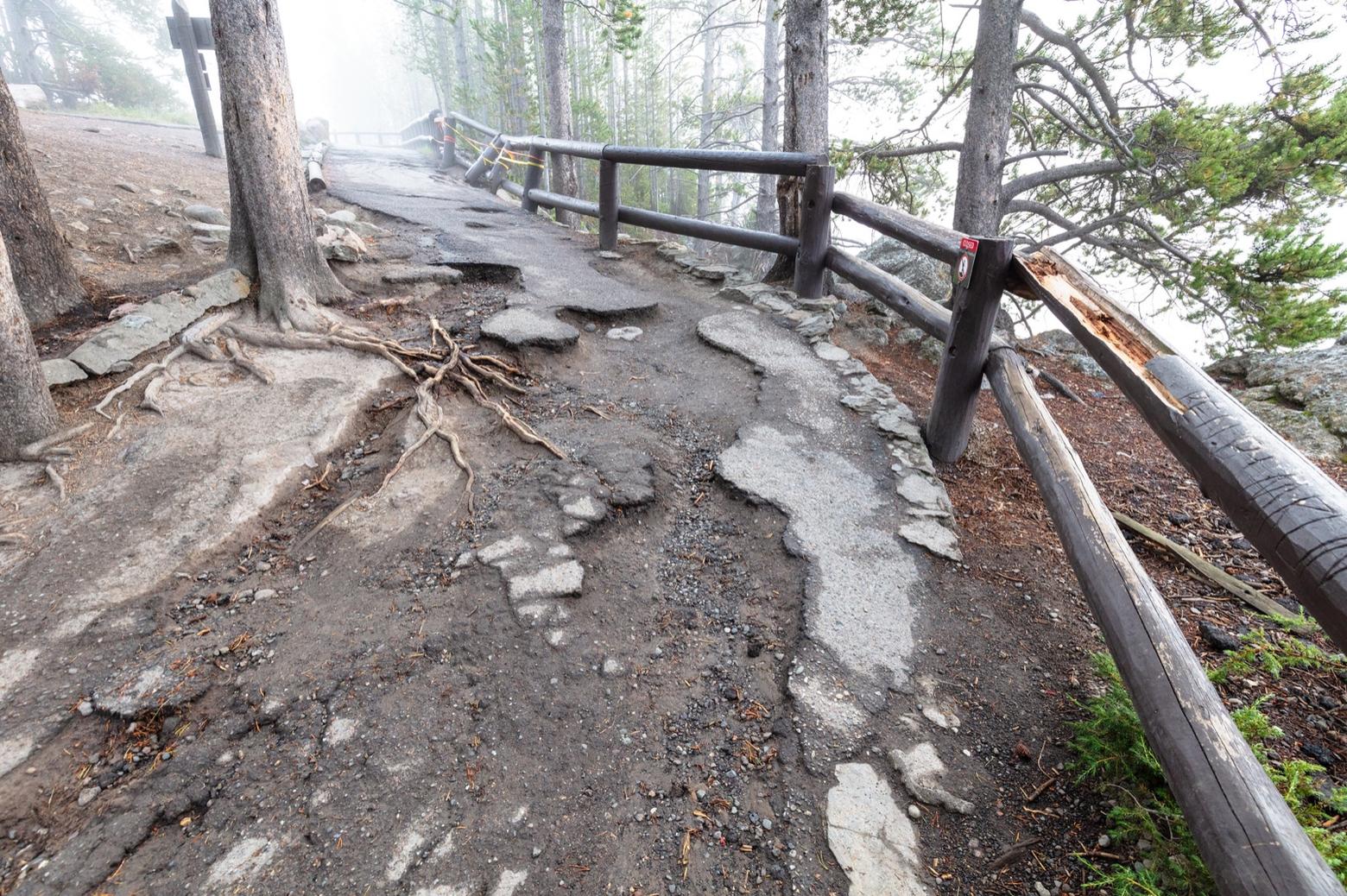 Top: The overlook at the brink of the Lower Falls in the Grand Canyon of the Yellowstone is a popular destination.  (Photo by Neal Herbert/NPS). The trail leading there has became a cassualty of heavy use, deferred maintenance and harsh climate conditions. Its repair became a priority of park infrasture projects. Photo courtesy Jacob W. Frank/NPS