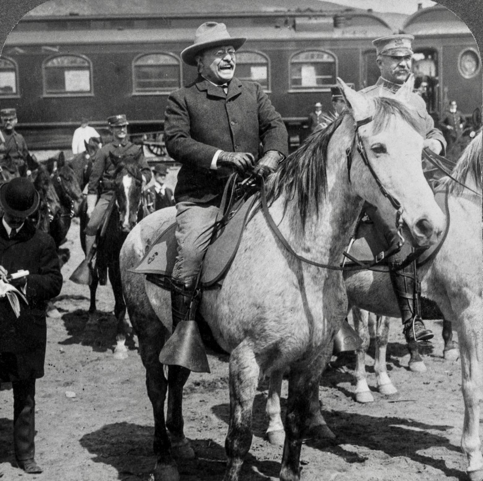 Upon arriving at Yellowstone's northern entrance in 1903, Roosevelt insisted upon riding into the national park on horseback. Not long after he dedicated the Roosevelt Arch and in the same year he visited the Grand Canyon and Yosemite where he famously had his photograph taken with John Muir. Based on ignominous things they wrote and said, Roosevelt and Muir have been called out and condemned as racist. Photo courtesy Library of Congress