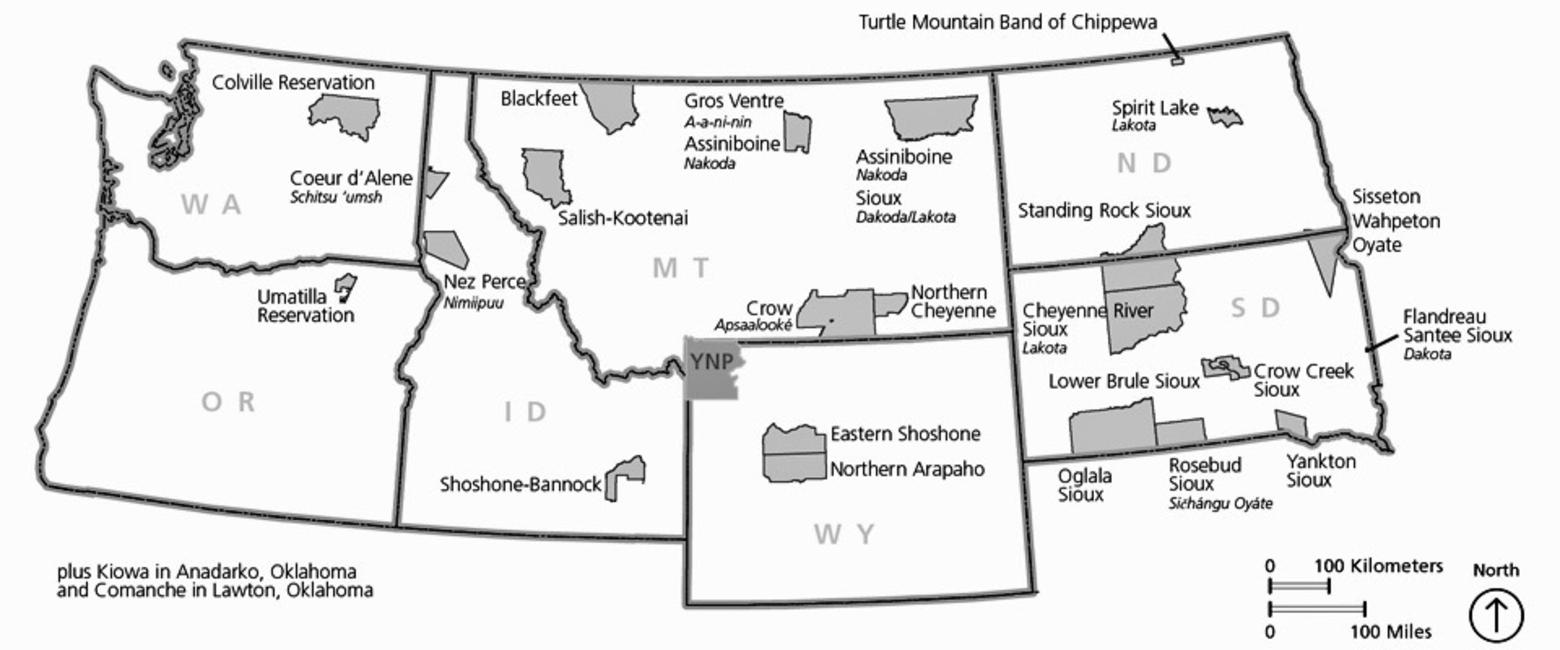 Above: The Yellowstone Plateau is a harsh place for humans to survive in winter. However, throughout the park, temporary shelters known as wickiups were found but none remain standing. Photo courtesy Harlan Kredit/NPS.  A graphic showing the 26 tribal nations with direct historical association with Yellowstone. Courtesy National Park Service/Yellowstone Spatial Analysis Center     
