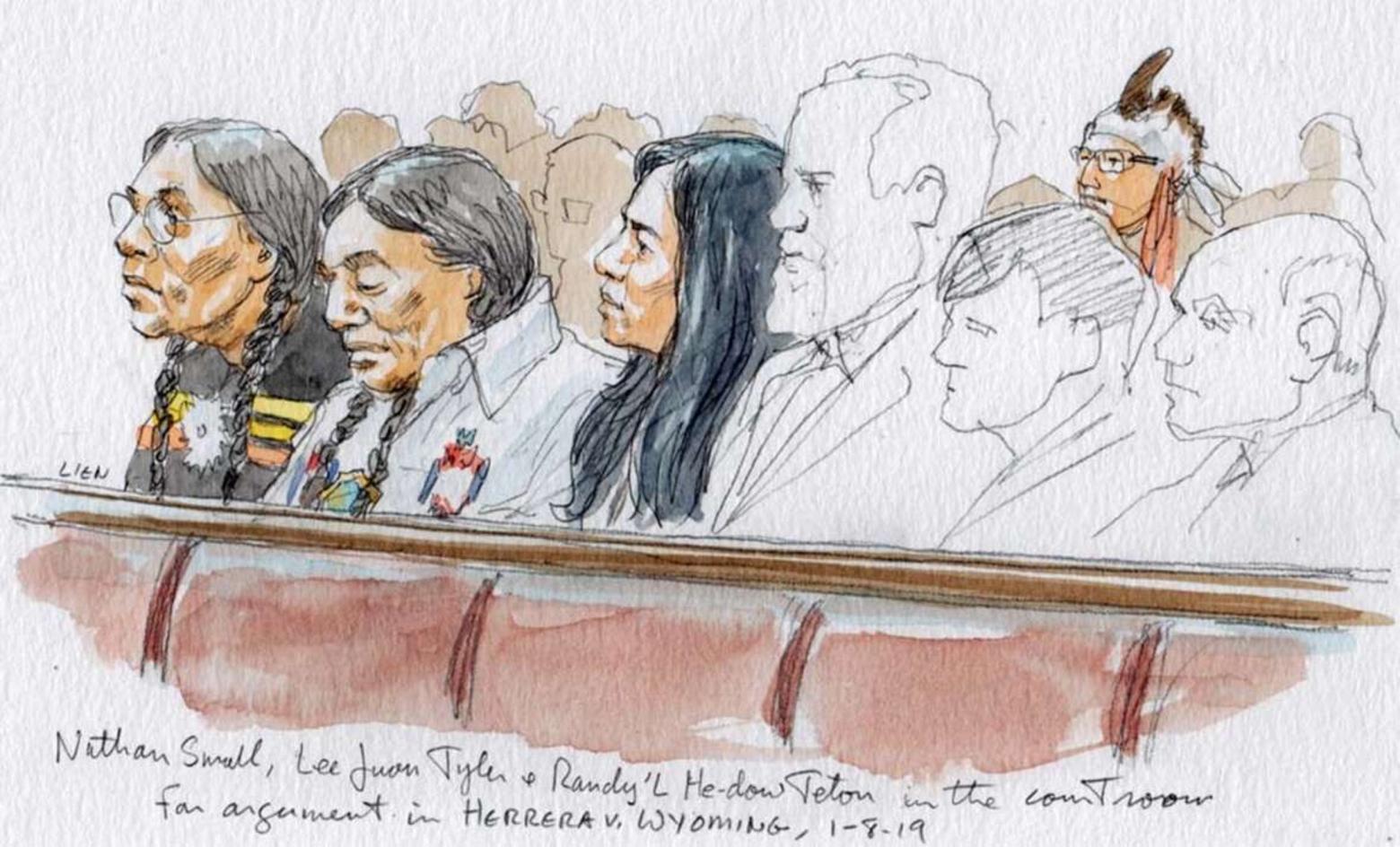 Crow Nation members nathan Small, Lee Juan Tyler and Randy'L He-dow Teton listen to organ arguments in the Herrera case at the US Supreme Court, January 2019, in Herrera v. Wyoming. Image courtesy SCOTUSblog