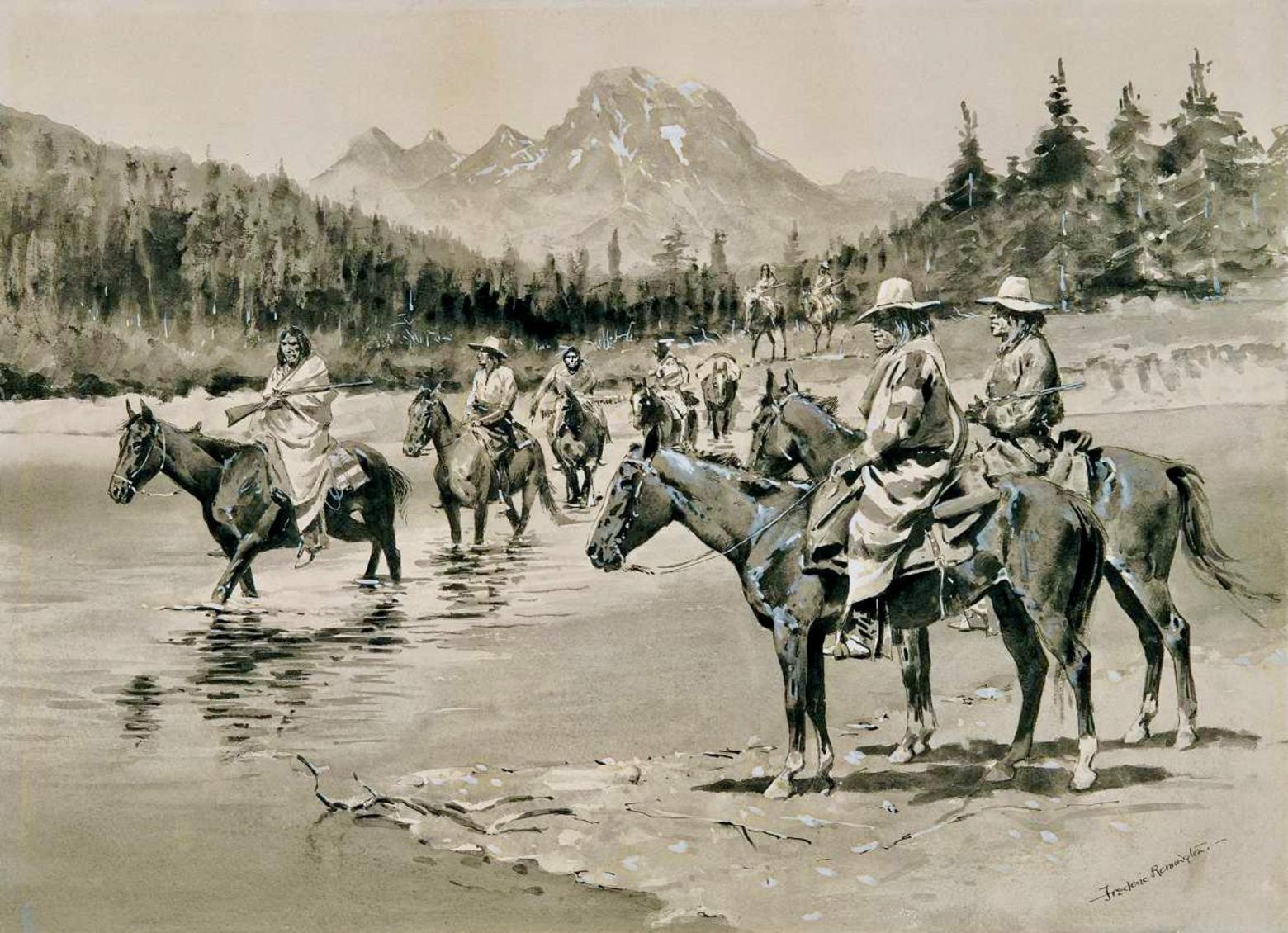 Frederic Remington imagined how the party of Bannocks looked fording the Snake River in Jackson in 1895 for an article in Harper's Magazine. Painting is part of Remington Art Museum permanent collection.