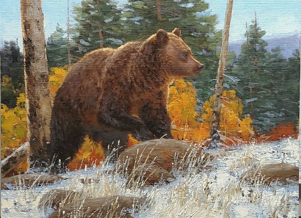 Unthinkable half a century ago, grizzlies are wandering along the wildland-exurban interface only a few miles outside Bozeman, Montana. Whether they'll be able to maintain their place on the landscape close-by will come down to human behavior as Bozeman/Gallatin County's population and development footprint grow like never before. Painting by John Potter, a fine contemporary wildlife artist who lives in Greater Yellowstone.  See more of his work at  johnpotterstudio.com