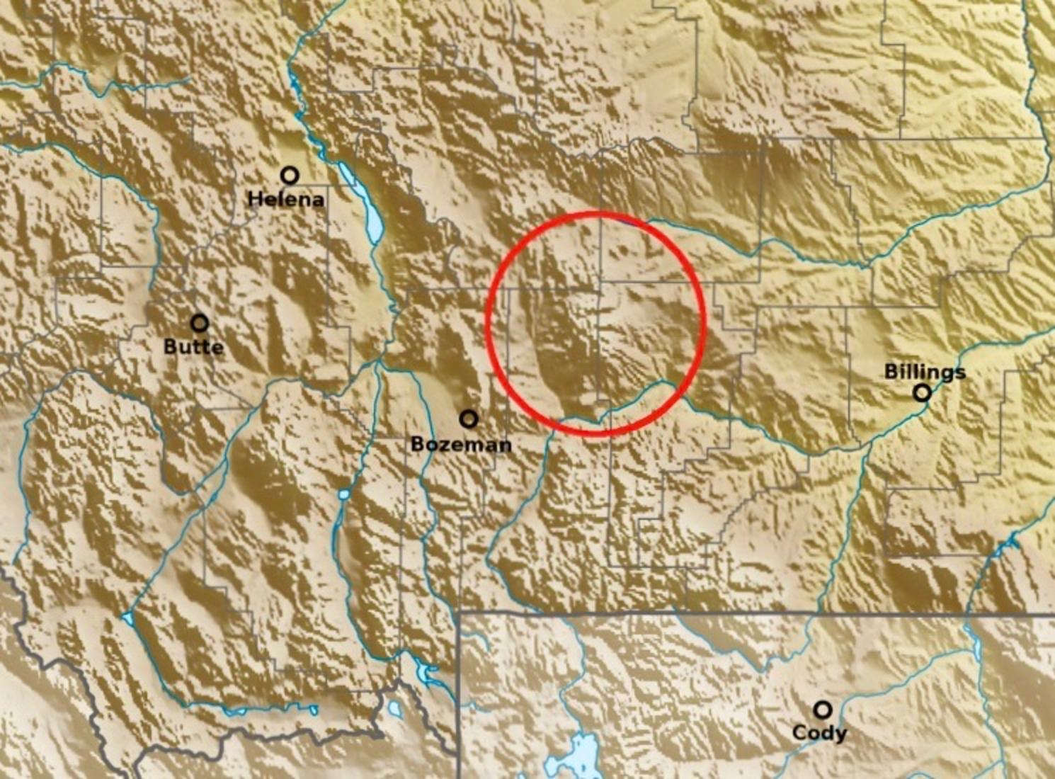 Red circle shows location of Crazies as island mountain range. Click on image to enlarge. Graphic courtesy Creative Commons
