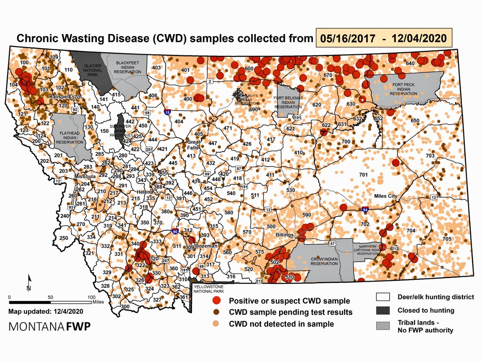 Latest CWD prevalence map in Montana showing the disease has reached the four corners of the state. Experts say people should expect that it also exists everywhere in-between. While only recently confirmed in 2017, it seems to have spread quickly or has testing only confirmed what's been here for awhile. Graphic courtesy Montana FWP