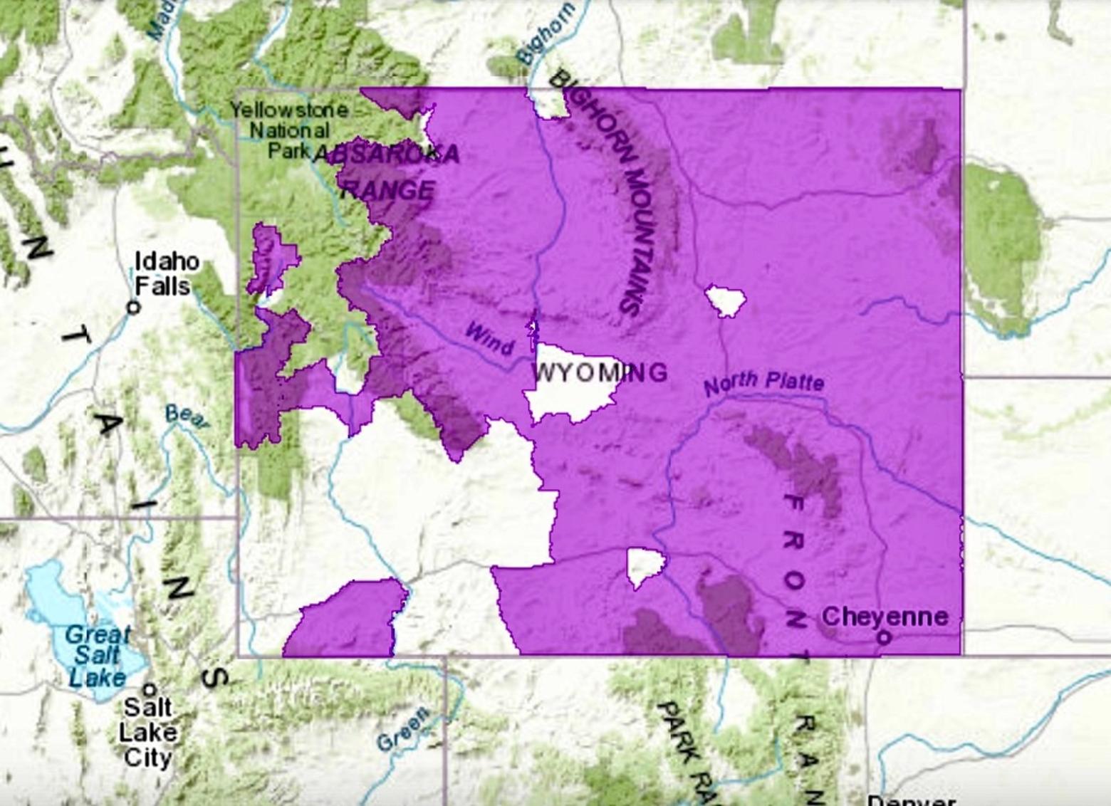 The area in purple shows where CWD is present in Wyoming deer, elk and moose, some of which migrate hundreds of miles. Note the upper lefthand corner which has Yellowstone and Grand Teton national parks that represent places of convergence for vast herds, some of which might become infected with CWD if it reaches large wapiti concentrations on the National Elk Refuge. Graphic courtesy Wyoming Fish and Game