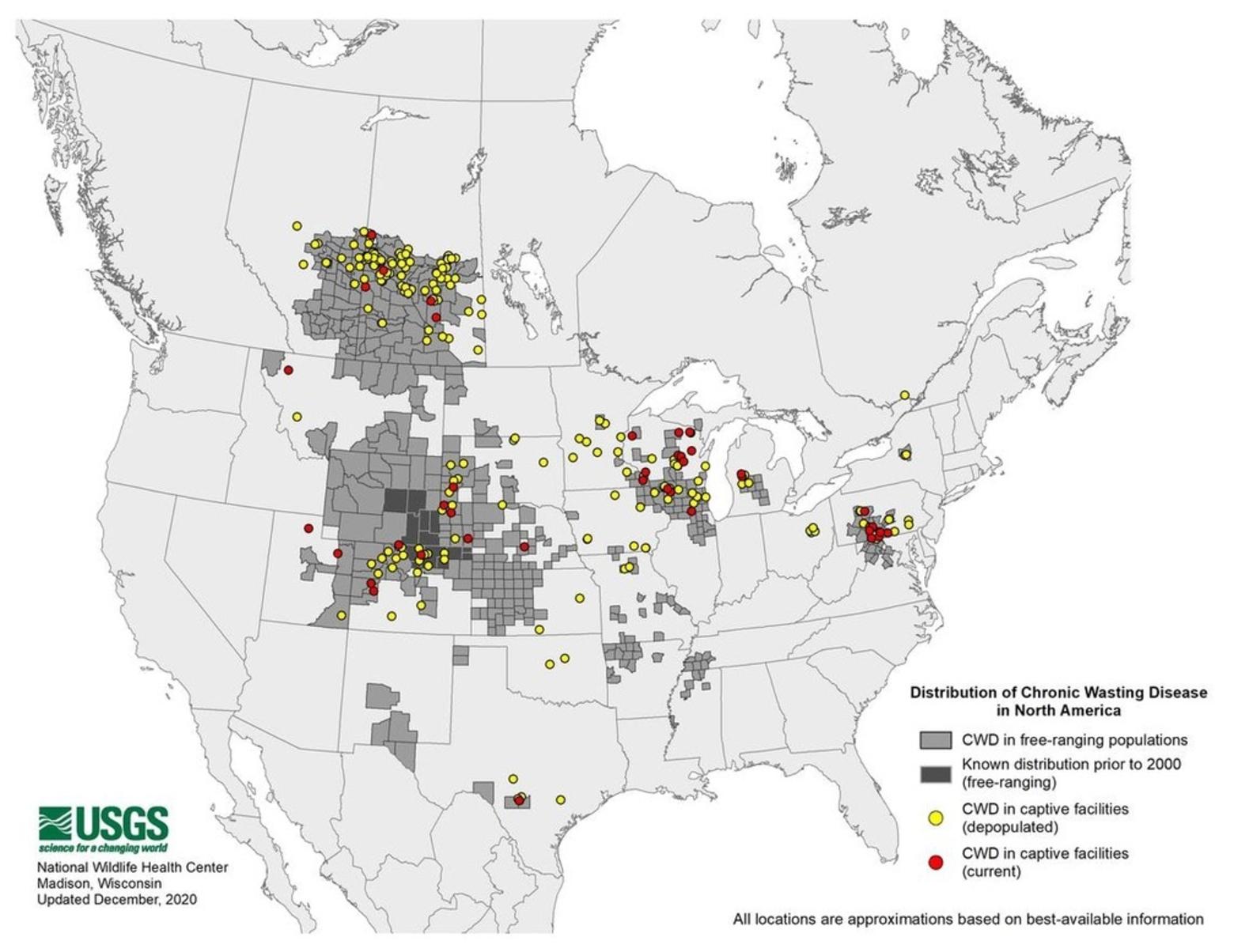 A map prepared by the US Geological Survey, updated Dec. 1, 2020, showing the presence of CWD in the US and Canada in wild wildlife populations and animals at captive game farms. Soon, the disease is expected to reach Arizona, Nevada and the three states on the West Coast. 