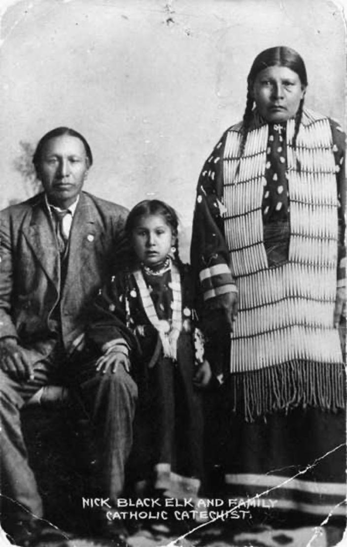 Nicholas Black Elk, daughter Lucy Black Elk, and wife Anna Brings White in around 1910 near Manderson, South Dakota