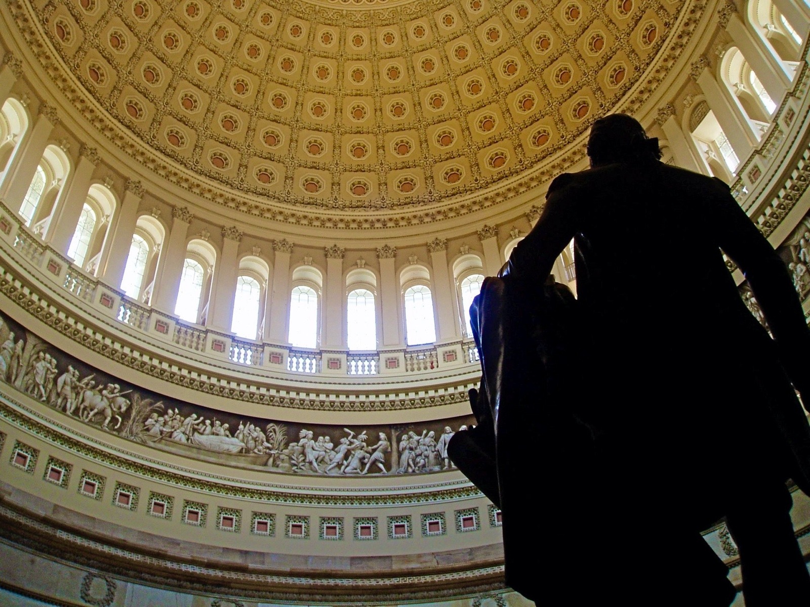 A statue of George Washington rises into the space beneath the dome of the Capitol Rotunda.  Photo courtesy Wikipedia/US Capitol
