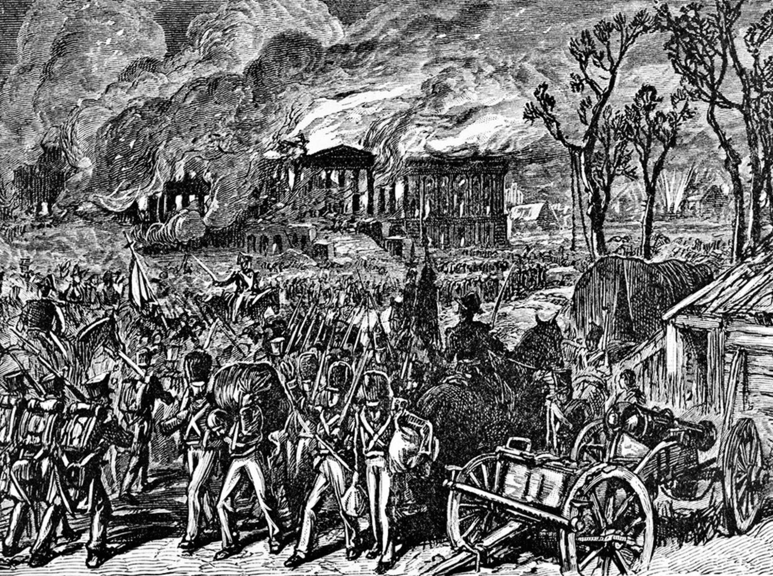 The capture and burning of Washington by the British, 1814, an etching courtesy Library of Congress (https://lccn.loc.gov/96519729)