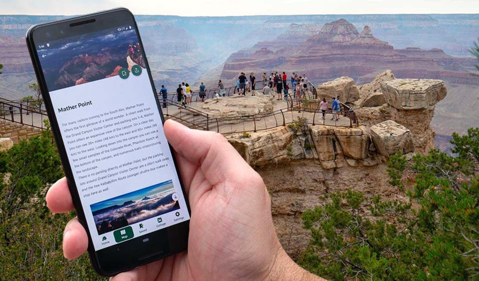 Grand Canyon touts its mobile phone app that allows visitors to learn more as they travel through the park. Photo courtesy M. Quinn/NPS