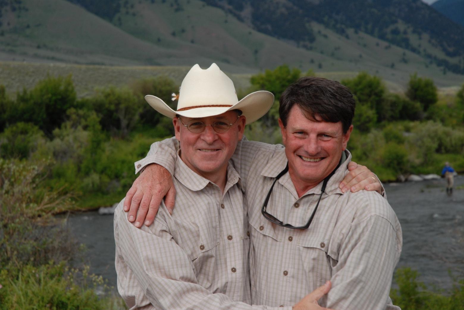 Tom Sadler, in cowboy hat, with two late friends in Montana's Madison Valley, who shaped his thinking about working across the political aisle to make good things happen.  At top:  With Alex Diekmann, the Bozeman-based deal maker with the Trust for Public Land, who helped protect more than 100,000 acres of public and private land in the Northern Rockies, important for wildlife habitat conservation, migration corridors and public access.  Just above: Sadler and the late Jim Range, a life-long outdoors person who served as chief counsel to US Sen. Howard Baker of Tennessee, when the senator was Majority Leader in the senate.  Range was a champion of bringing America's public land legacy to the attention of young people of all backgrounds, especially inner city kids, helping them solidify their attachment to nature through hiking, hunting, fishing and science. Range helped draft language that appeared in the Clean Water Act and he co-founded the Theodore Roosevelt Conservation Partnership. Photos courtesy Tom Sadler.