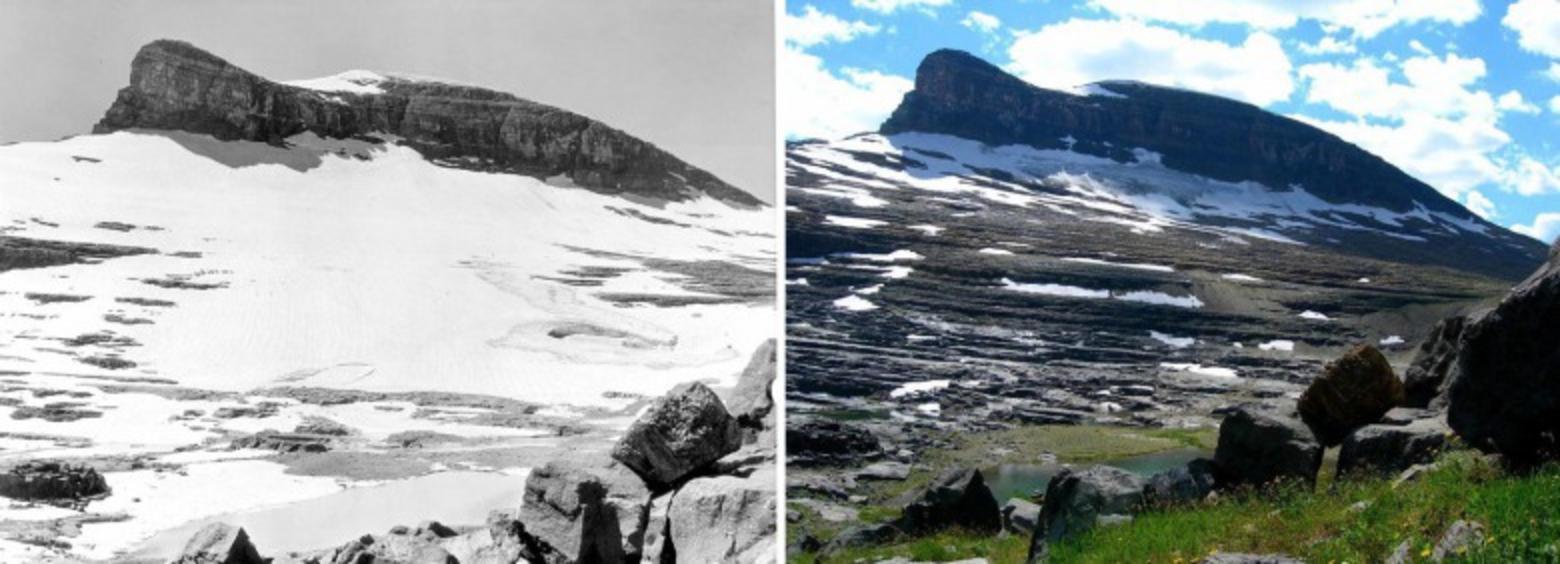 Between 1932 and 2005, this is what the retreat of Boulder Glacier in Glacier National Park looked like. Losing glaciers isn't merely a cosmetic alteration of landscape or inconsequential.  The winnowing of ice sheets has coincided with rising temperatures, less snowpack and snow melting earlier, large forest fires and lower flows in rivers come summer. Photo illustration courtesy Greg Pederson/USGS