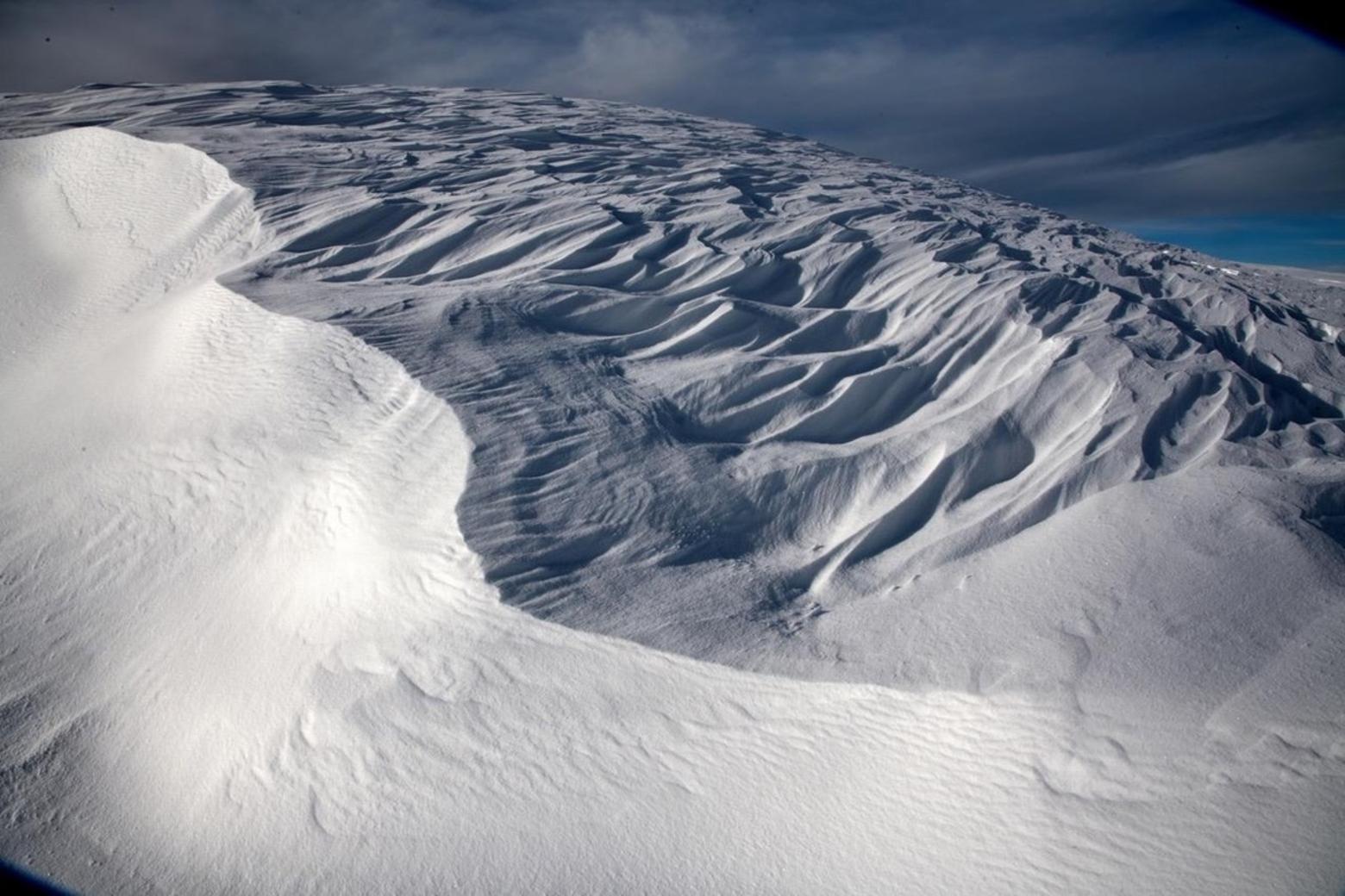 A view from Antarctica or maybe the Far North?  Fuller offers this different explanation from the center of Yellowstone: "After several recent days of a severe storm a cold, clear morning reveals wind-sculpted sastrugi snow taking the form of miniature albino badlands."