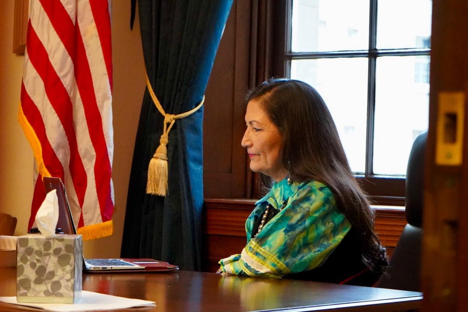 US Rep. Deb Haaland on her first day in the US House of Representatives doing a remote interview with a reporter back in New Mexico. Haaland is President Joe Biden's pick to be Secretary of the Interior, the first time in history that a Native American has been nominated for a cabinet post. Some conservative lawmakers in the West claim Haaland is, in their mind, too extreme. Photo courtesy US Rep. Deb Haaland