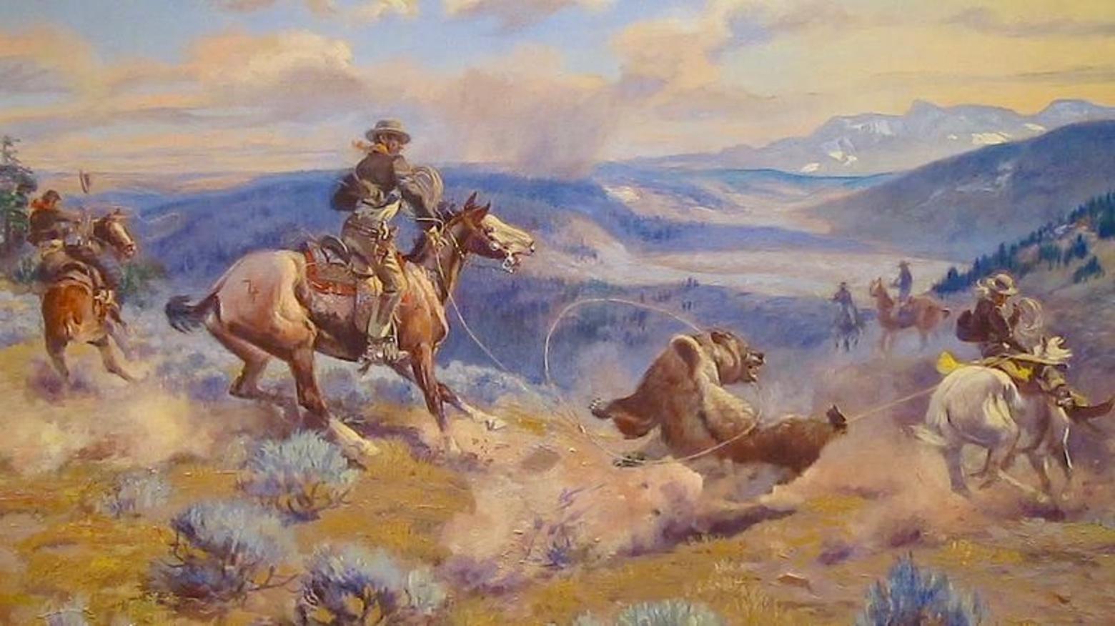 "Loops and Swift Horses Are Surer Than Lead," a painting by Charles M. Russell (1916). One of Russell's most famous paintings portraying backward Old West attitudes toward grizzlies. Image courtesy Wikipedia. To see the real painting, visit the Amon Carter Museum in Ft. Worth, Texas (carter museum.org)