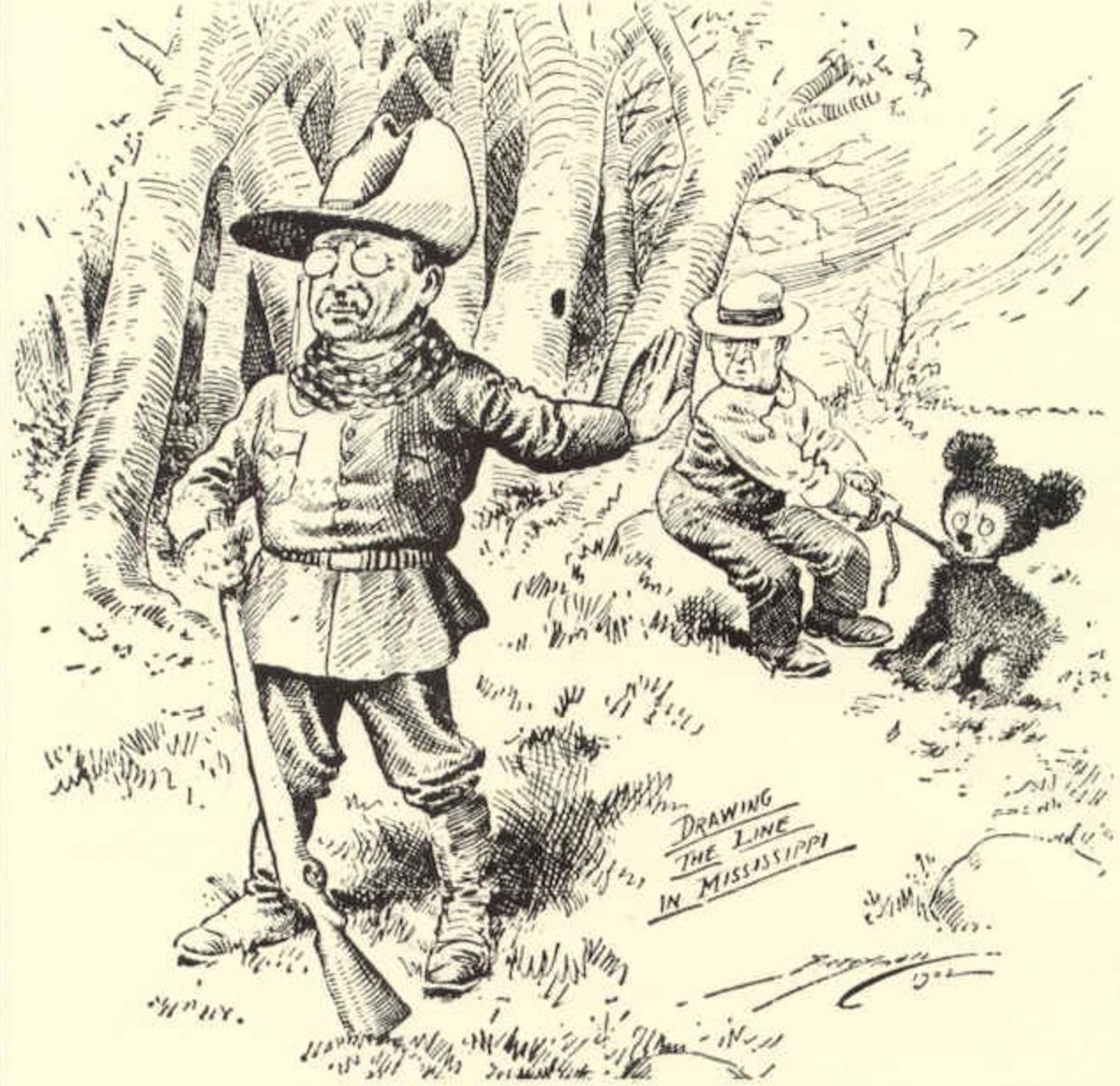 Origin of "the teddy bear": one is that some friends of Roosevelt clubbed a semi-tame black bear, tied it to a tree and encouraged TR to shoot it. He refused, saying he would not partake in such pathetic conduct.  Cartoon done by Clifford Berryman in The Washington Post in 1902. Click to enlarge