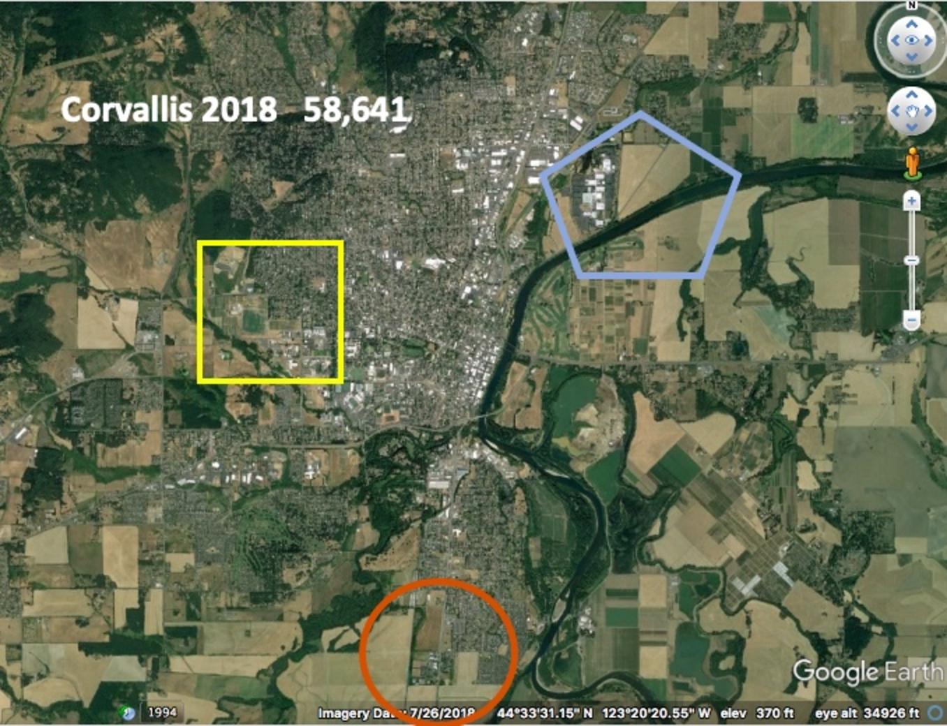 In 24 years as the Oregon college town of Corvallis, roughly comparable to Bozeman, grew in population, the pastoral nature of the land beyond its urban growth boundary remained largely intact. Image provided courtesy Robert Liberty and Google Earth.